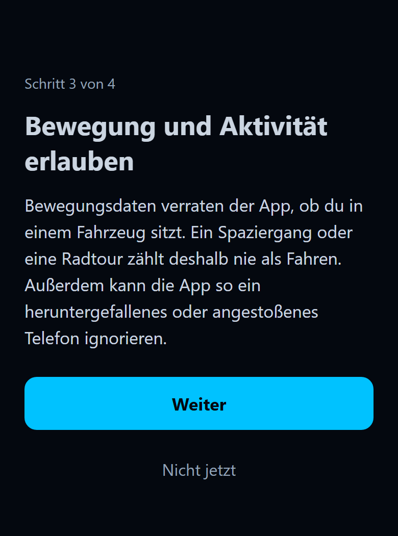 App-Bildschirm mit der Bitte, Bewegung und Aktivität zu erlauben, und der Schaltfläche Weiter.