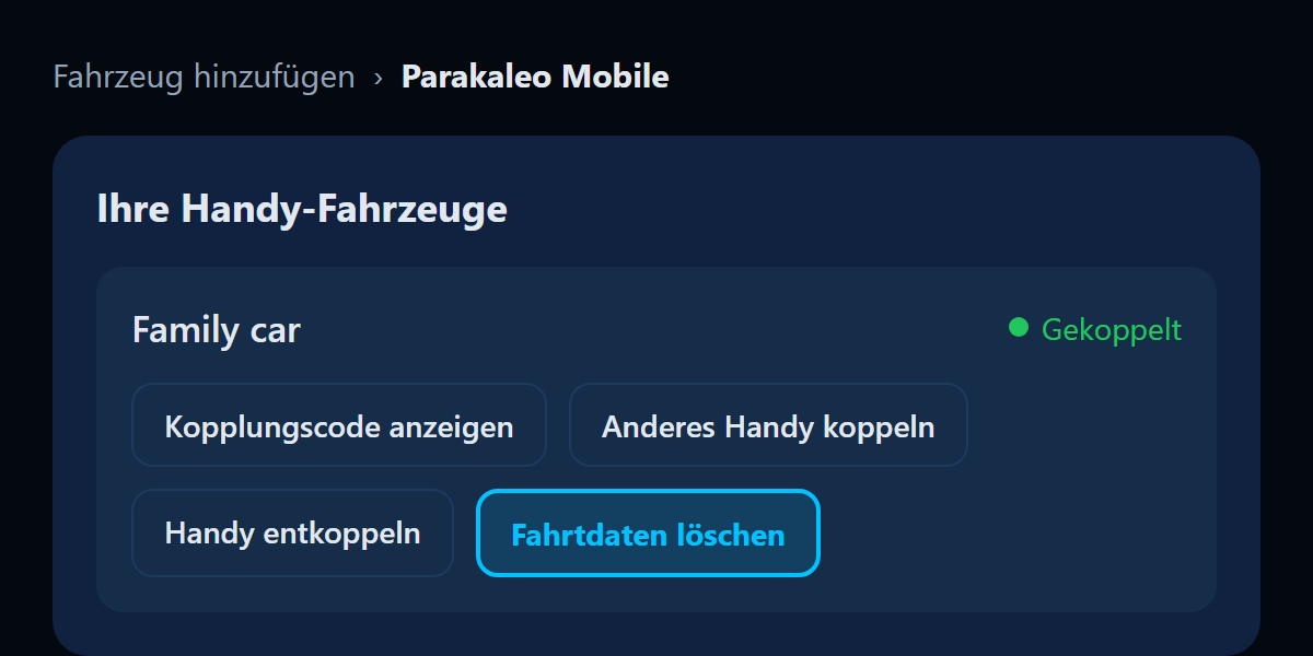 Illustration des Portals: Ihre Handy-Fahrzeuge, mit hervorgehobener Schaltfläche Fahrtdaten löschen.