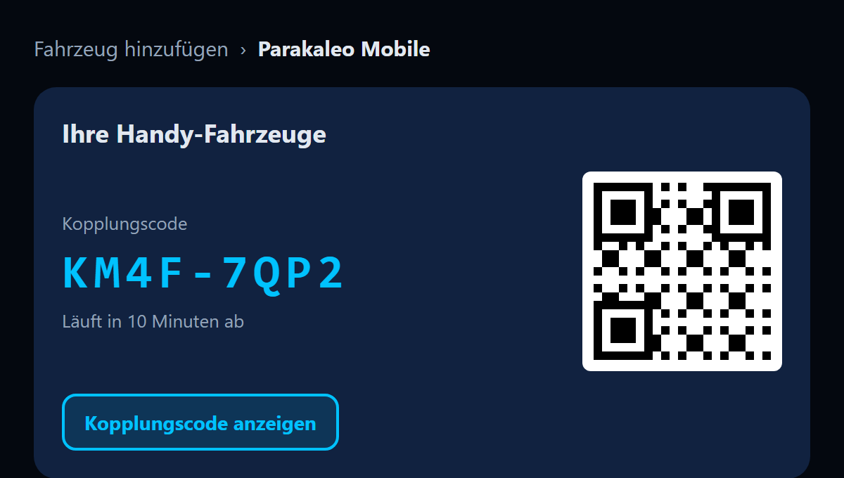 Illustration des Portals: Fahrzeug hinzufügen, Parakaleo Mobile, mit einem Kopplungscode und einem QR-Code.