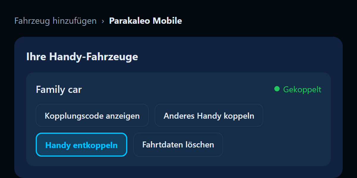 Illustration des Portals: Ihre Handy-Fahrzeuge, mit hervorgehobener Schaltfläche Handy entkoppeln.
