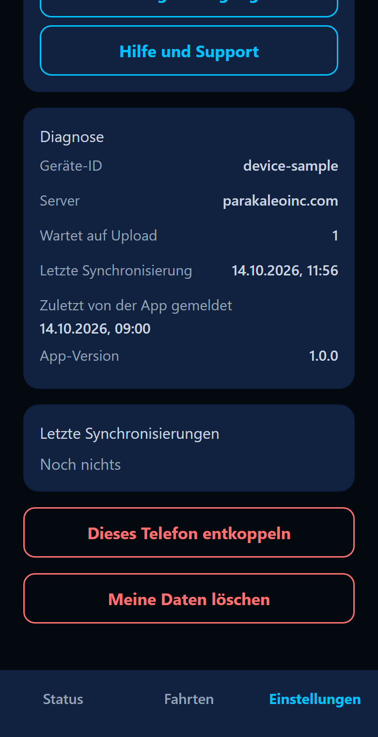 App-Einstellungen mit den Schaltflächen Dieses Telefon entkoppeln und Meine Daten löschen.