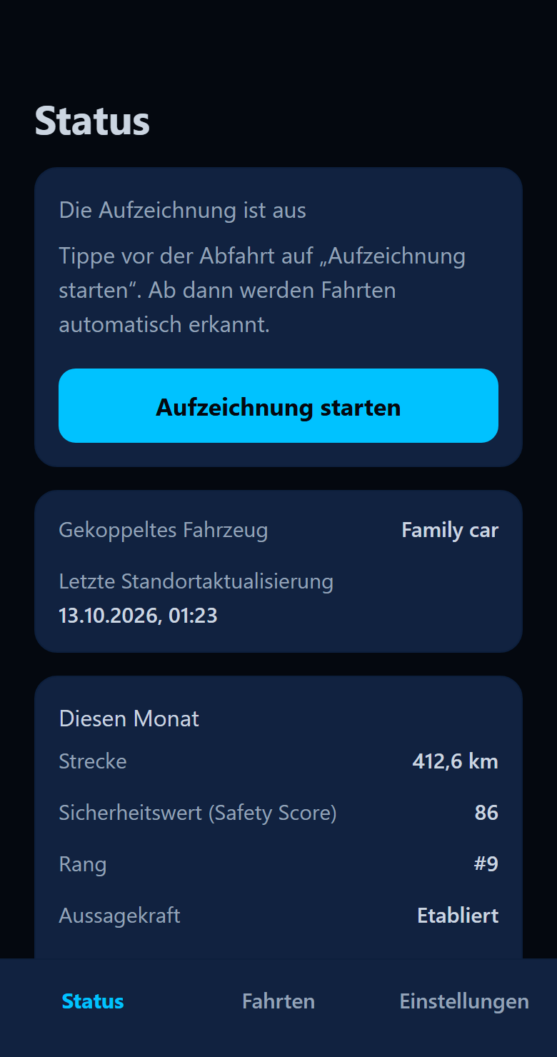 App-Status: Die Aufzeichnung ist aus, mit der Schaltfläche Aufzeichnung starten, und das gekoppelte Fahrzeug Family car.