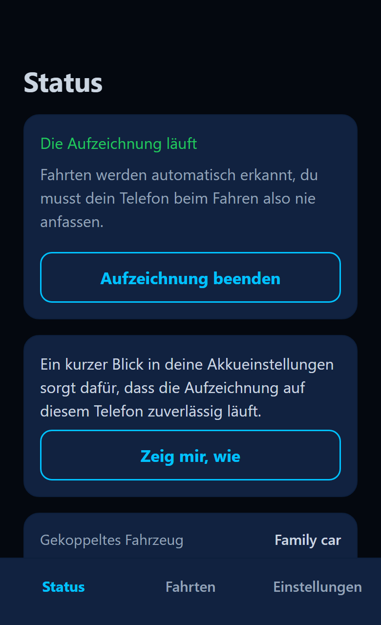 App-Status mit der Anzeige, dass die Aufzeichnung läuft, und der Schaltfläche Aufzeichnung beenden.