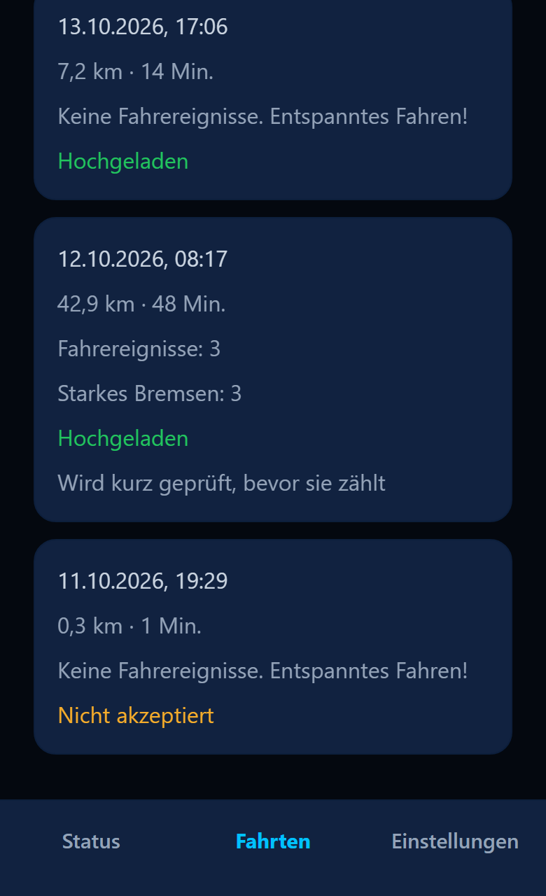App-Bildschirm Fahrten mit einer Fahrt, die mit „Wird kurz geprüft, bevor sie zählt“ markiert ist.