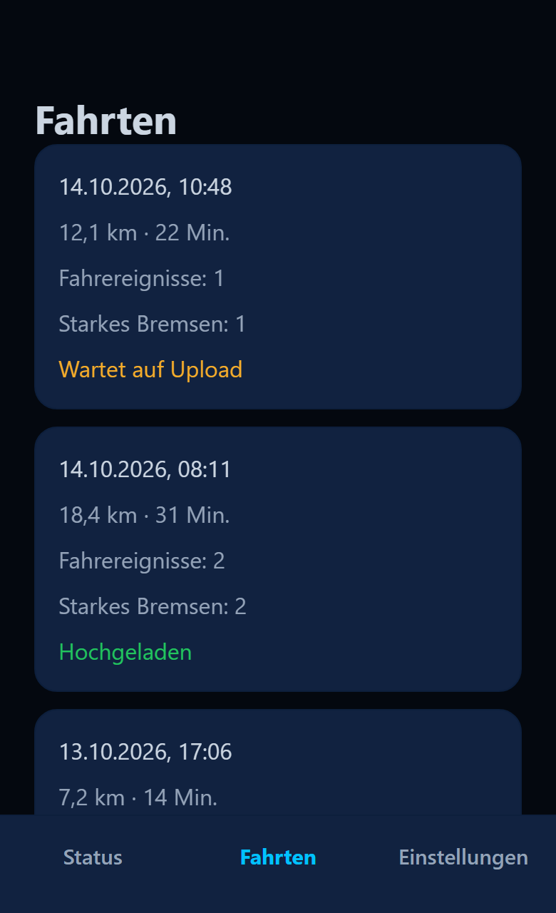 App-Bildschirm Fahrten, die letzte Fahrt ist mit Wartet auf Upload markiert.