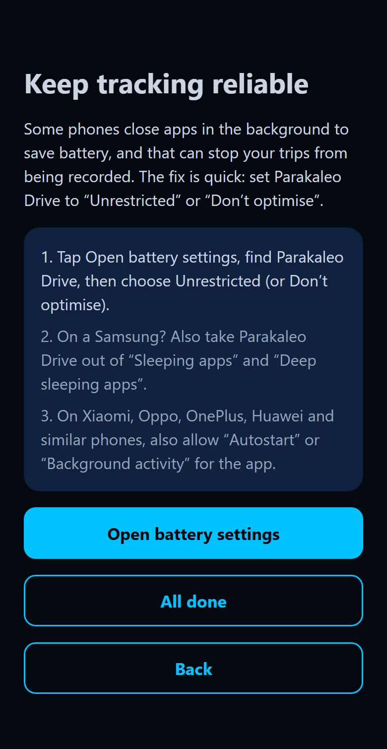App screen Keep tracking reliable, with the battery steps and an Open battery settings button.