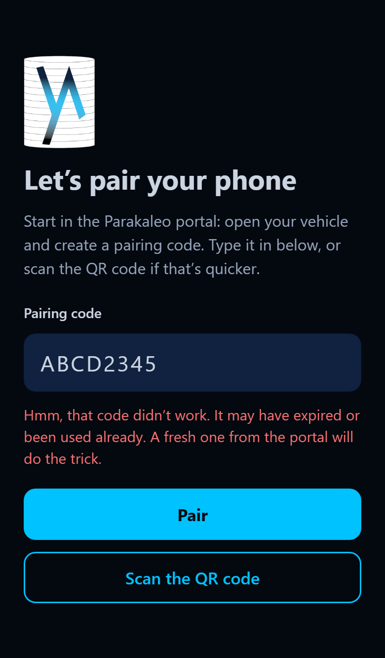 App screen showing a message that the pairing code didn't work.