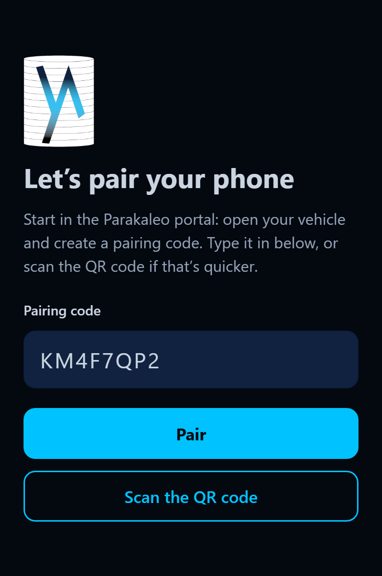 App screen: the pairing code typed in, with the Pair and Scan the QR code buttons.