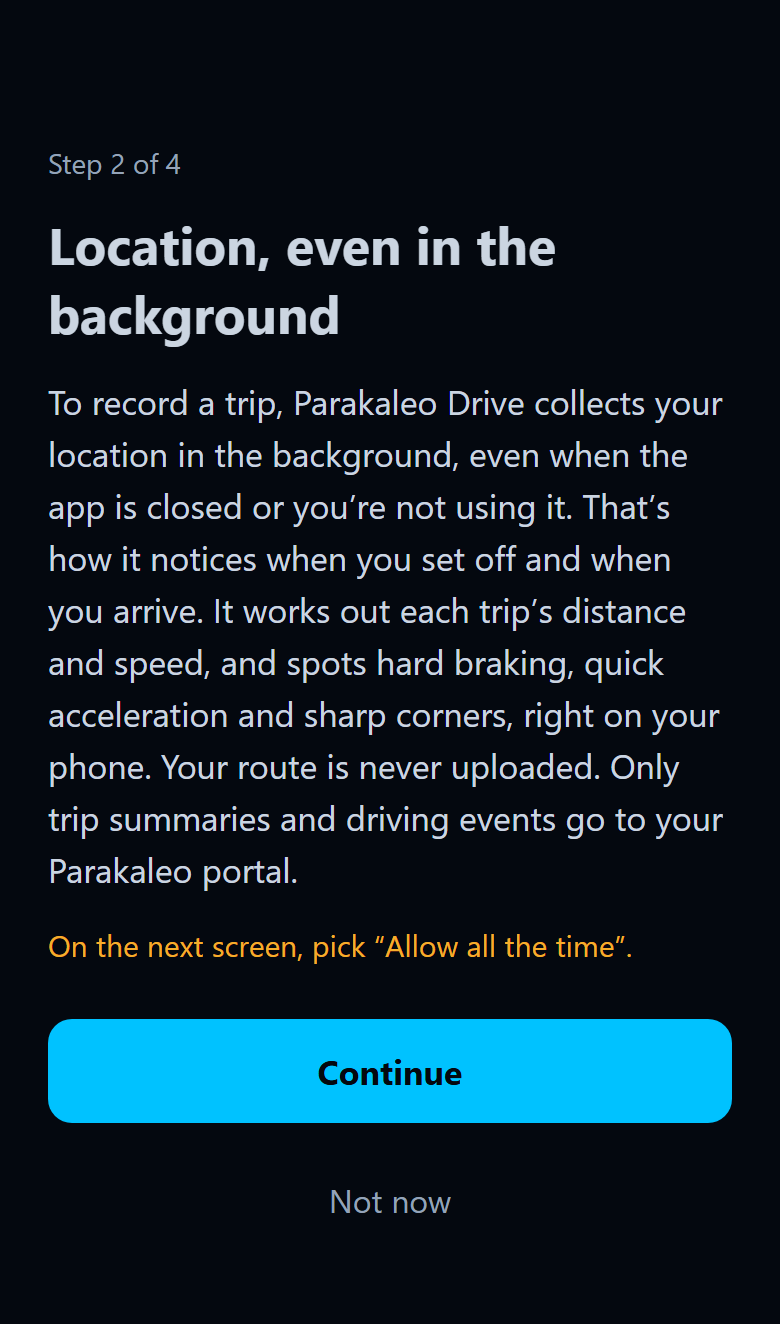 App screen asking for location in the background, with a Continue button.