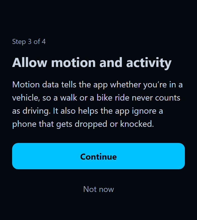 App screen asking to allow motion and activity, with a Continue button.