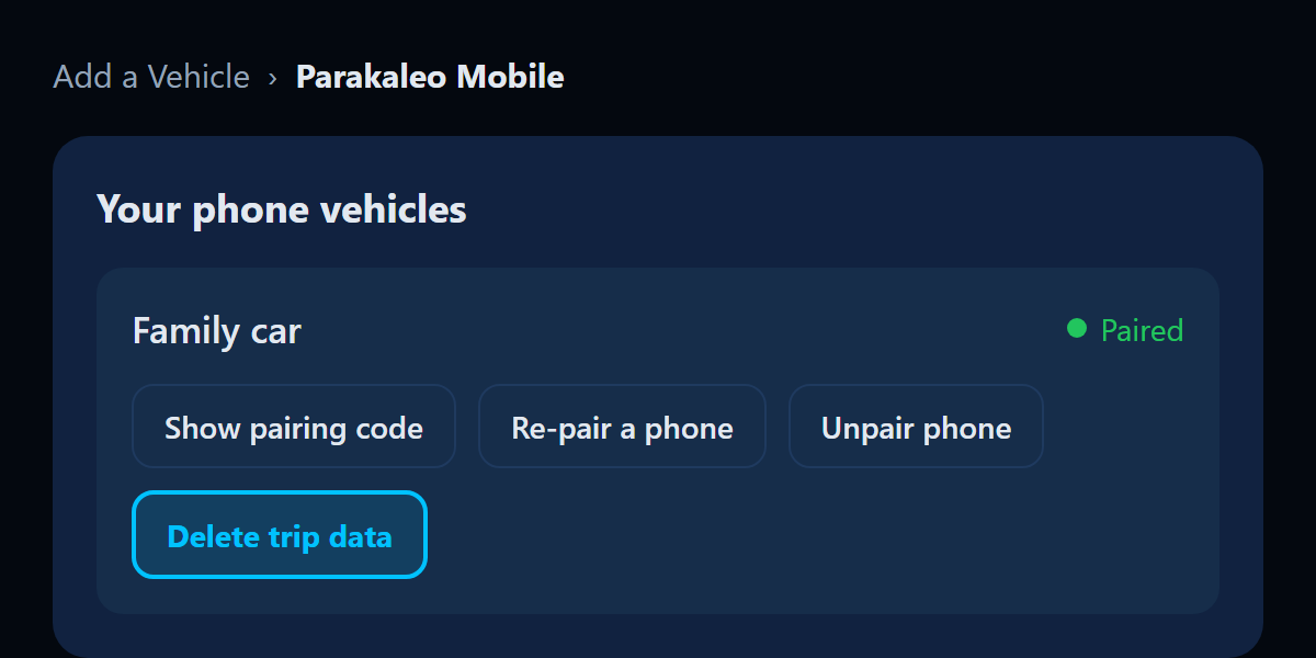 Illustration of the portal: Your phone vehicles, with the Delete trip data button highlighted.