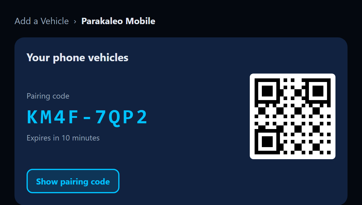 Illustration of the portal: Add a Vehicle, Parakaleo Mobile, showing a pairing code and a QR code.