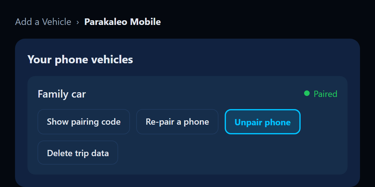 Illustration of the portal: Your phone vehicles, with the Unpair phone button highlighted.