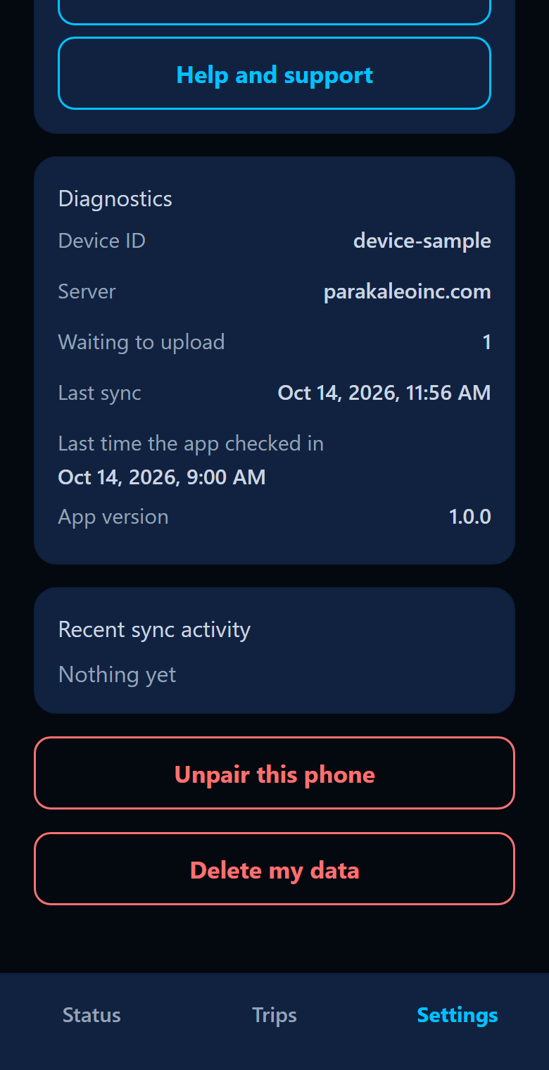 App Settings screen with the Unpair this phone and Delete my data buttons.