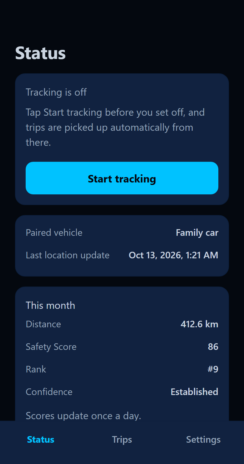 App Status screen: Tracking is off with a Start tracking button, and the paired vehicle, Family car.