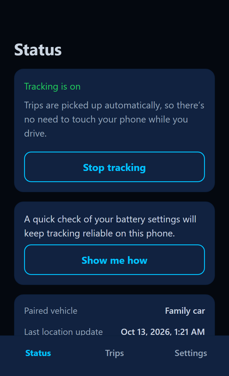 App Status screen showing Tracking is on and a Stop tracking button.