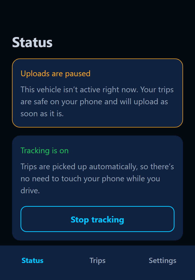App Status screen with a notice that uploads are paused because the vehicle isn't active.