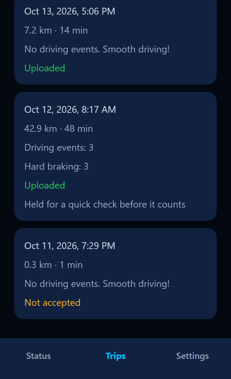 App Trips screen with a trip marked Held for a quick check before it counts.