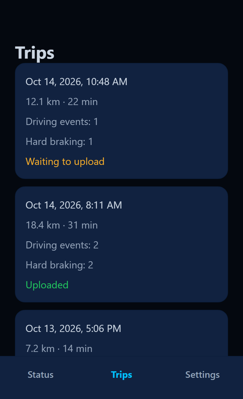 App Trips screen with the latest trip marked Waiting to upload.