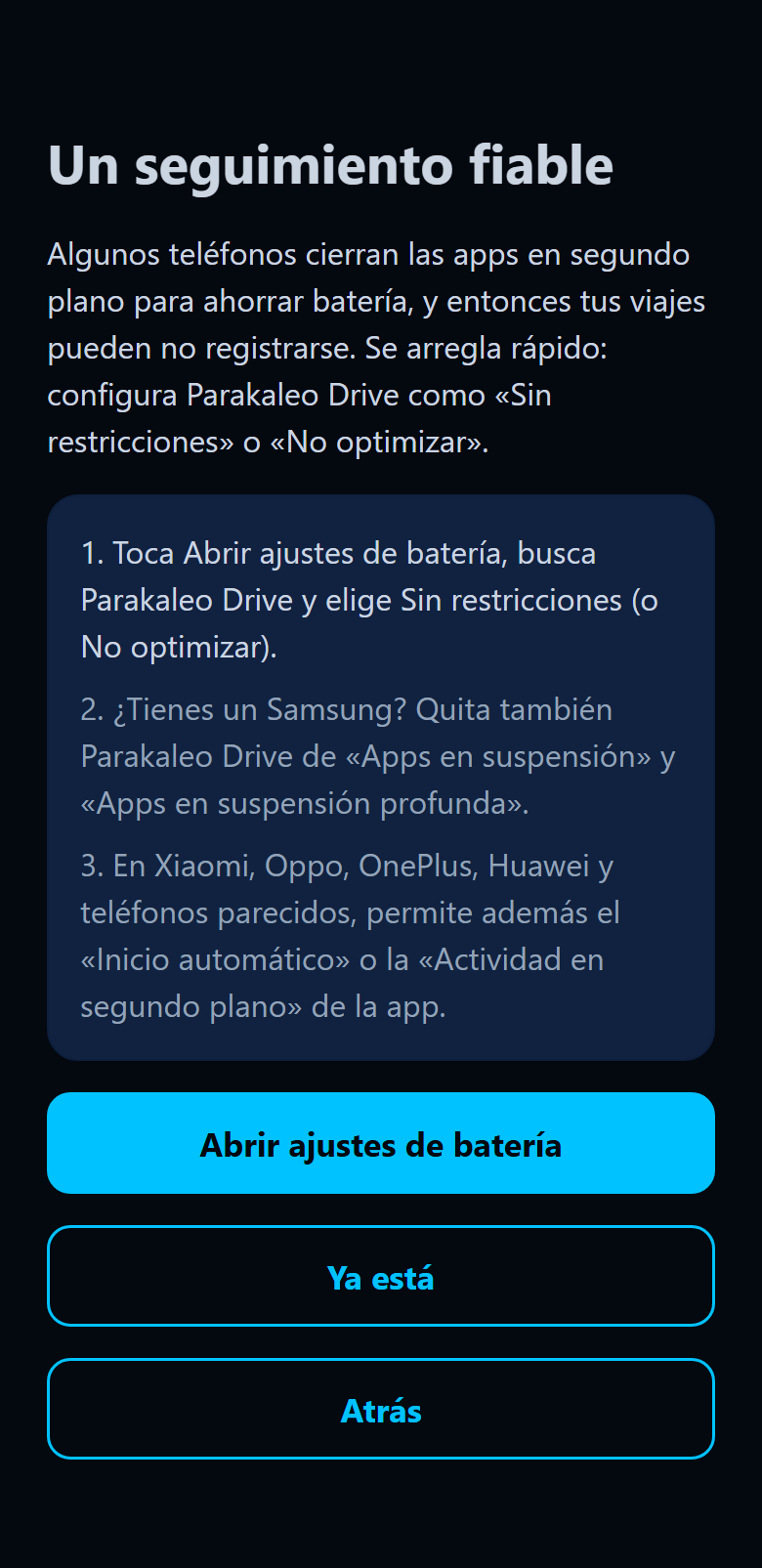 Pantalla Un seguimiento fiable de la app, con los pasos de batería y un botón Abrir ajustes de batería.