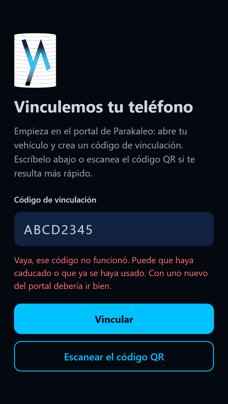 Pantalla de la app que indica que el código de vinculación no funcionó.