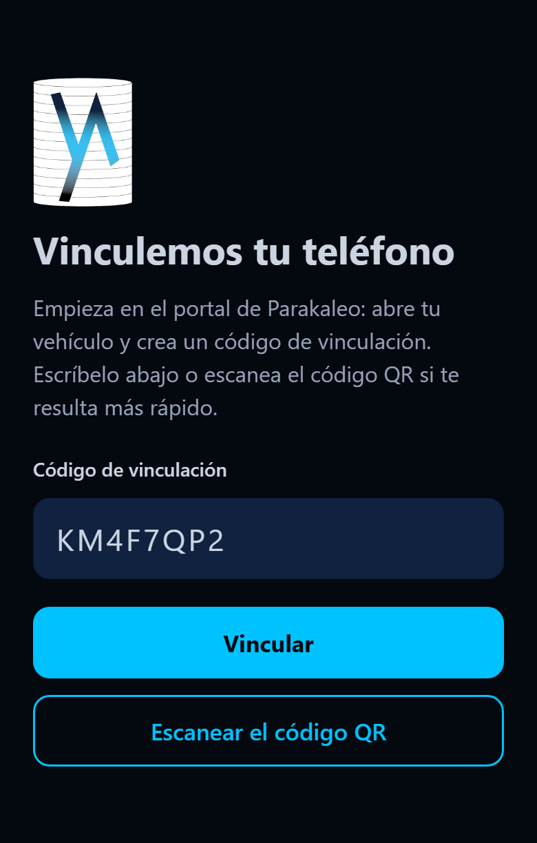 Pantalla de la app: el código de vinculación escrito, con los botones Vincular y Escanear el código QR.