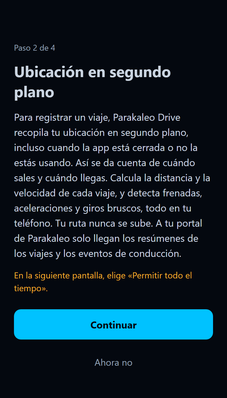 Pantalla de la app que pide la ubicación en segundo plano, con un botón Continuar.