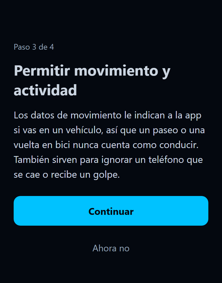 Pantalla de la app que pide permitir el movimiento y la actividad, con un botón Continuar.