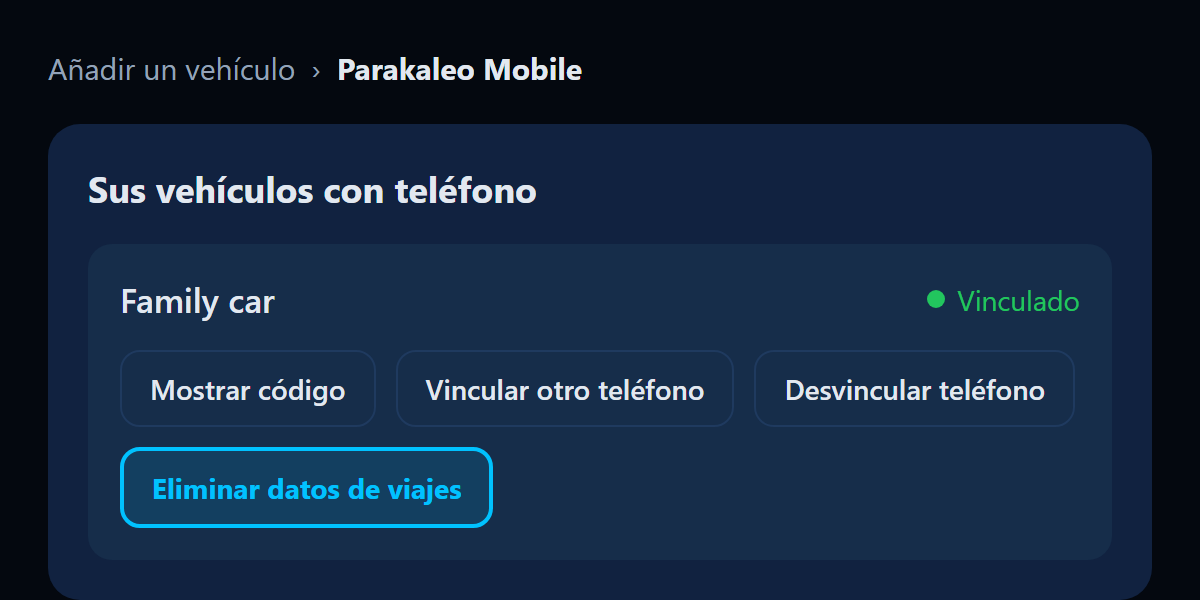 Ilustración del portal: Tus vehículos con teléfono, con el botón Eliminar datos de viajes resaltado.