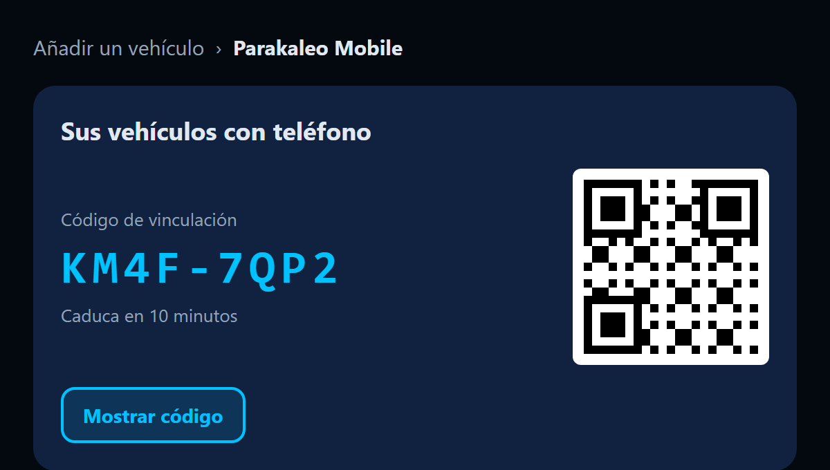 Ilustración del portal: Añadir un vehículo, Parakaleo Mobile, con un código de vinculación y un código QR.