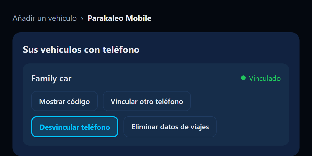 Ilustración del portal: Tus vehículos con teléfono, con el botón Desvincular teléfono resaltado.