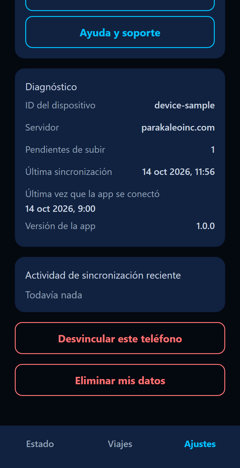 Pantalla Ajustes de la app con los botones Desvincular este teléfono y Eliminar mis datos.