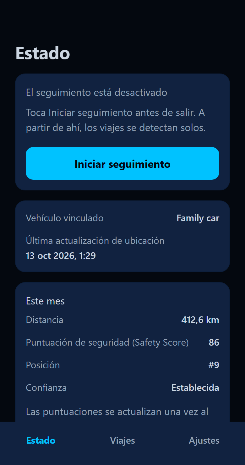 Pantalla Estado de la app: el seguimiento está desactivado, con el botón Iniciar seguimiento, y el vehículo vinculado Family car.