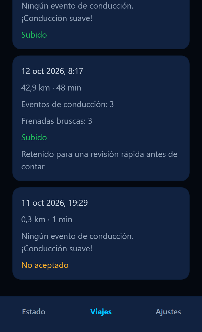Pantalla Viajes de la app con un viaje marcado como «Retenido para una revisión rápida antes de contar».
