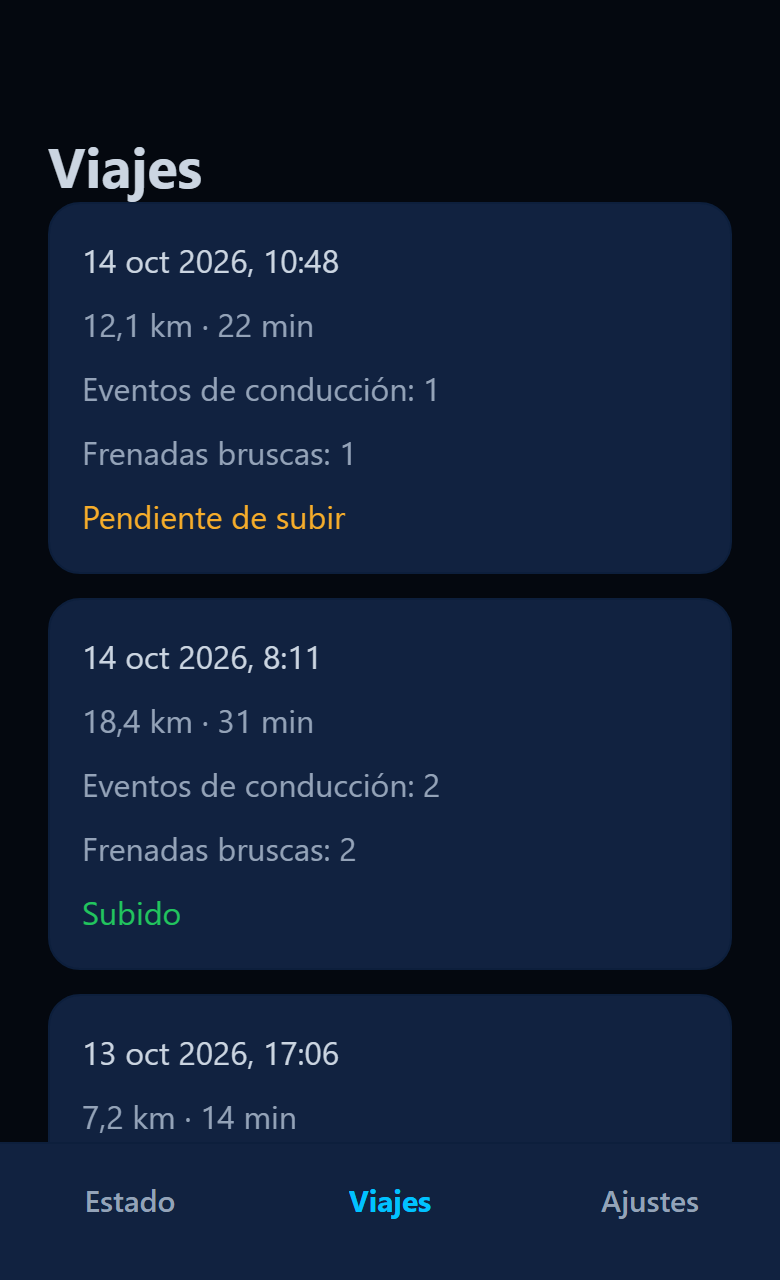 Pantalla Viajes de la app con el último viaje marcado como Pendiente de subir.