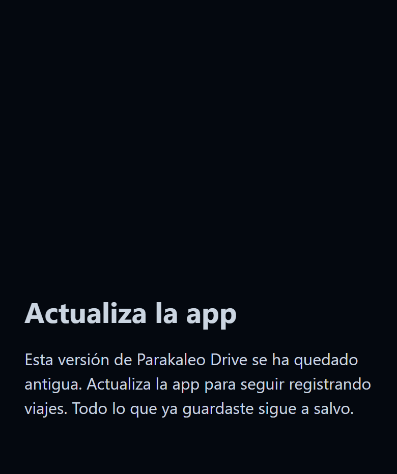 Pantalla de la app que pide actualizar la app.