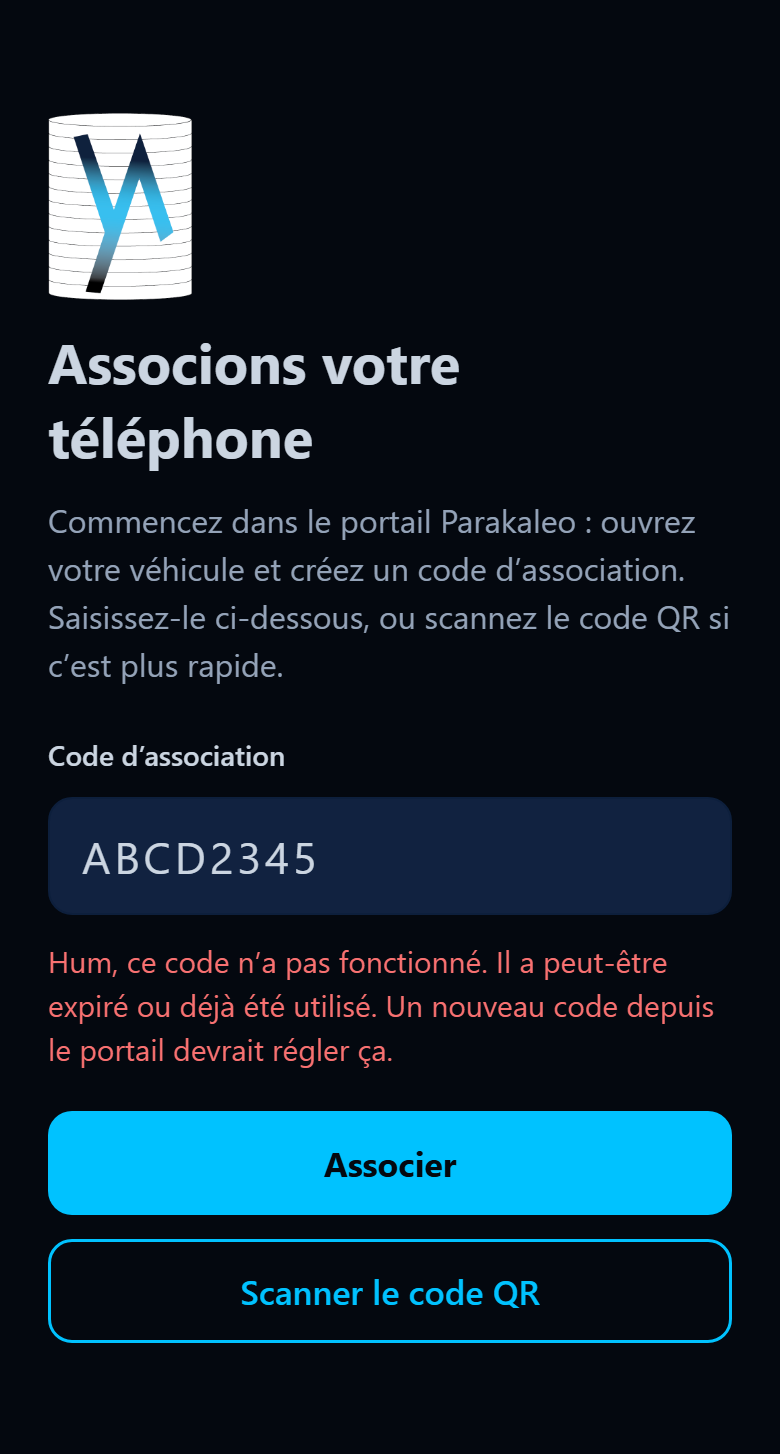 Écran de l'application indiquant que le code d'association n'a pas fonctionné.