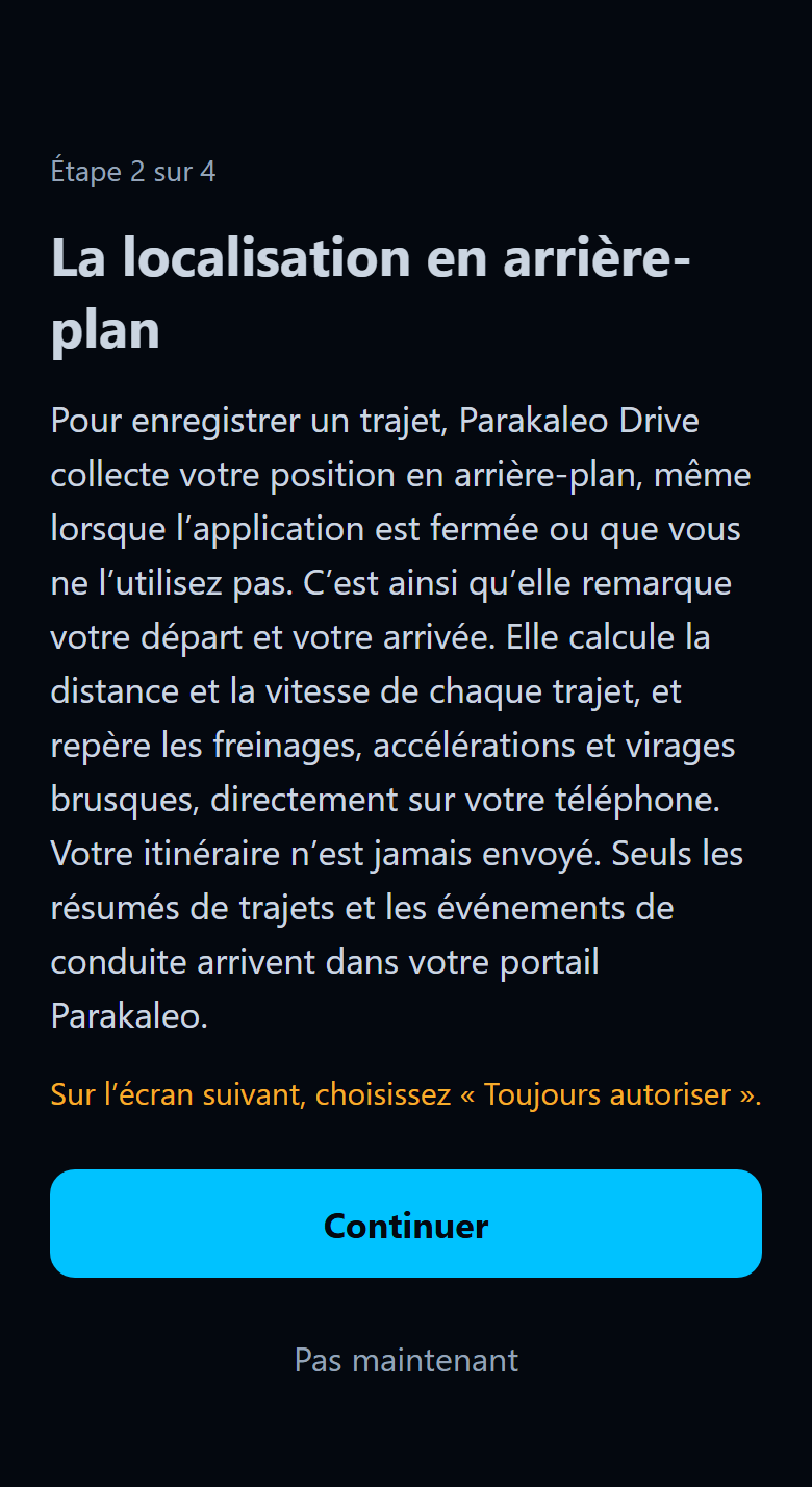 Écran de l'application demandant la localisation en arrière-plan, avec un bouton Continuer.