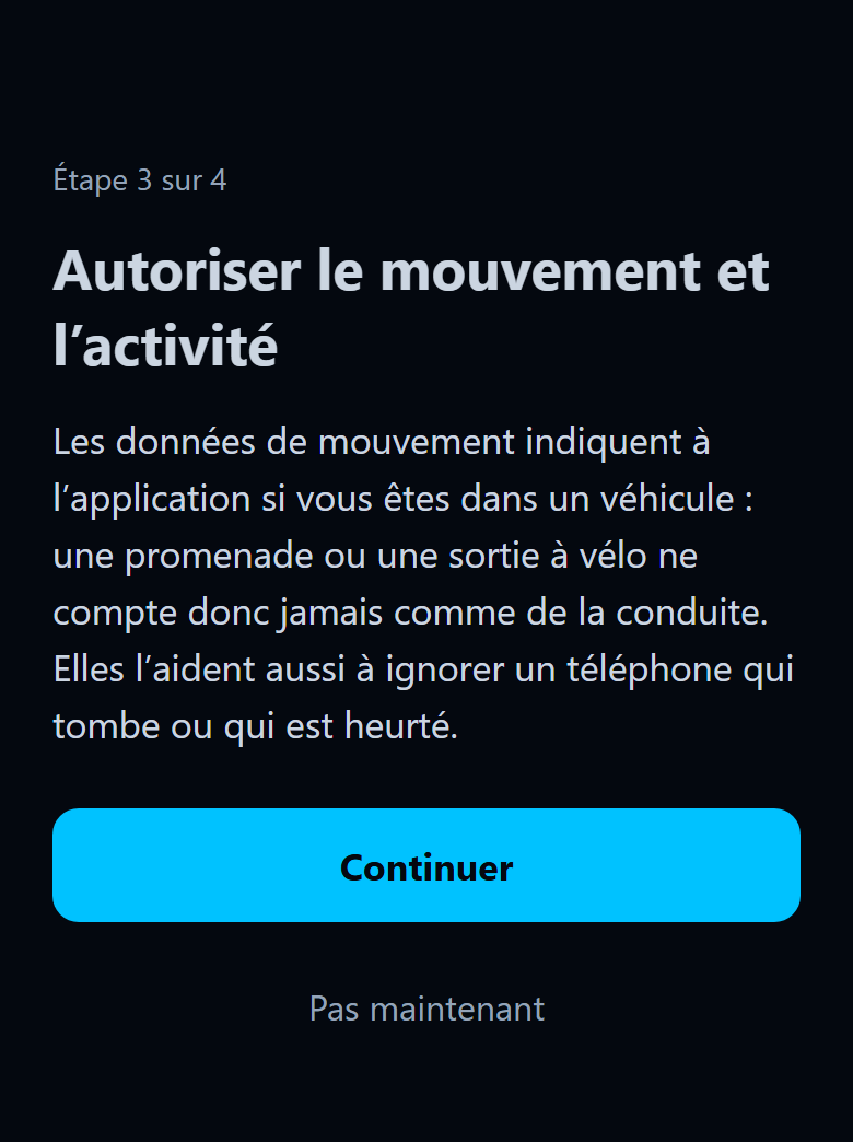 Écran de l'application demandant d'autoriser le mouvement et l'activité, avec un bouton Continuer.