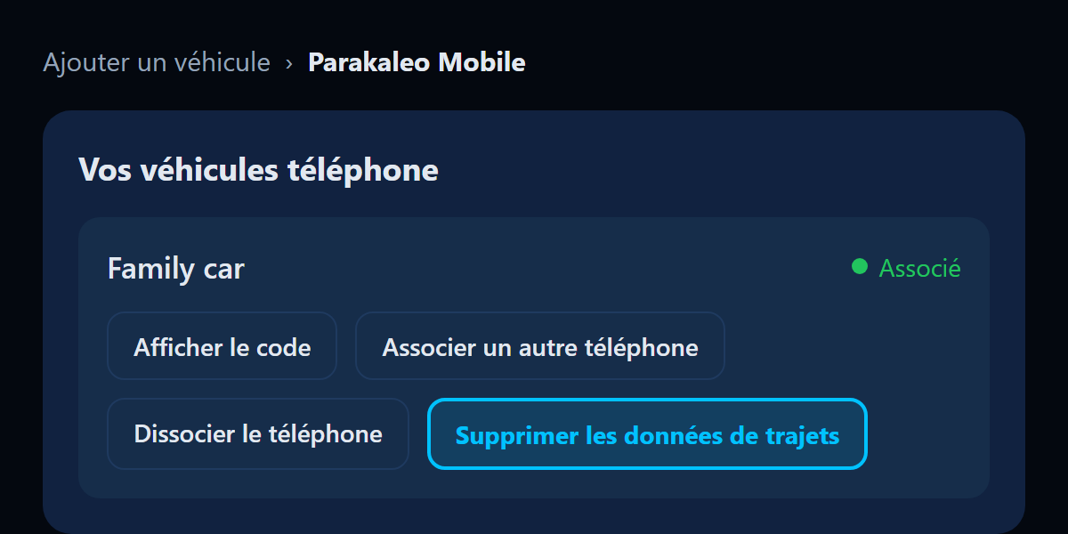 Illustration du portail : Vos véhicules téléphone, avec le bouton Supprimer les données de trajets mis en évidence.