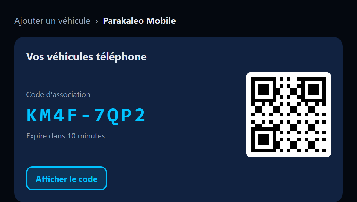 Illustration du portail : Ajouter un véhicule, Parakaleo Mobile, avec un code d'association et un code QR.