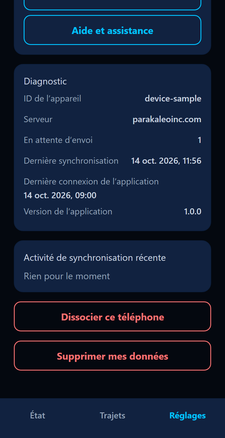 Écran Réglages de l'application avec les boutons Dissocier ce téléphone et Supprimer mes données.