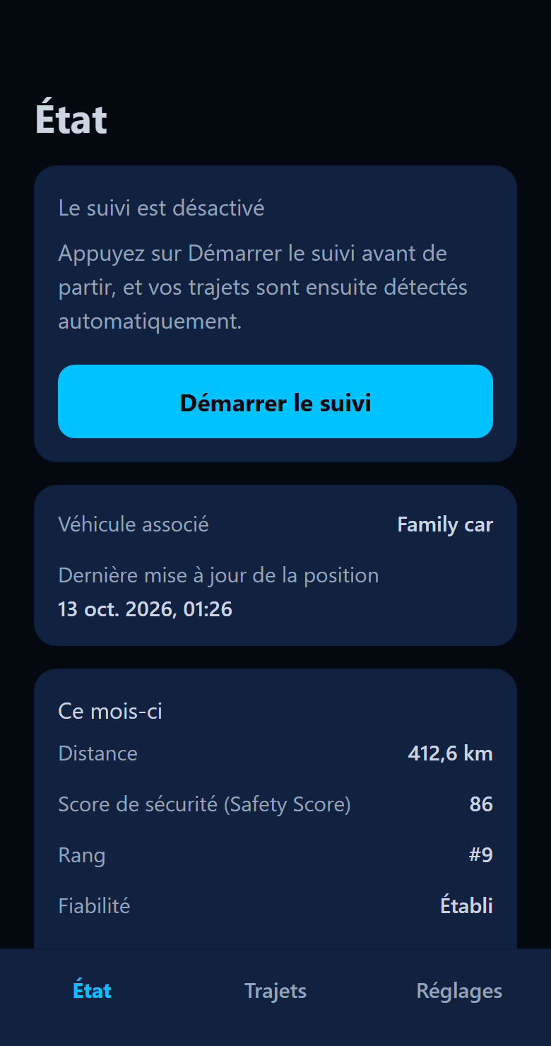 Écran État de l'application : le suivi est désactivé, avec le bouton Démarrer le suivi, et le véhicule associé Family car.
