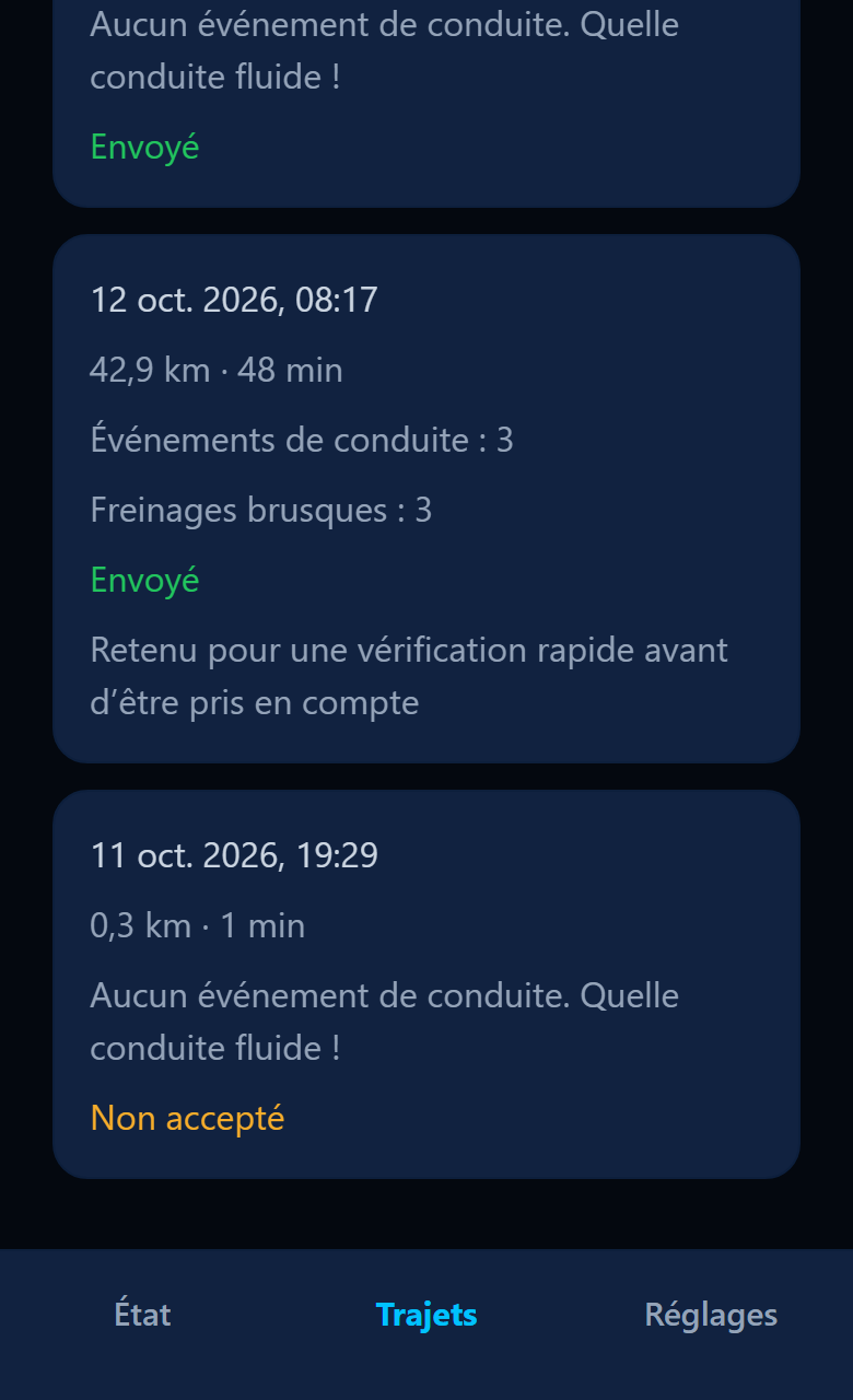 Écran Trajets de l'application avec un trajet marqué « Non accepté ».