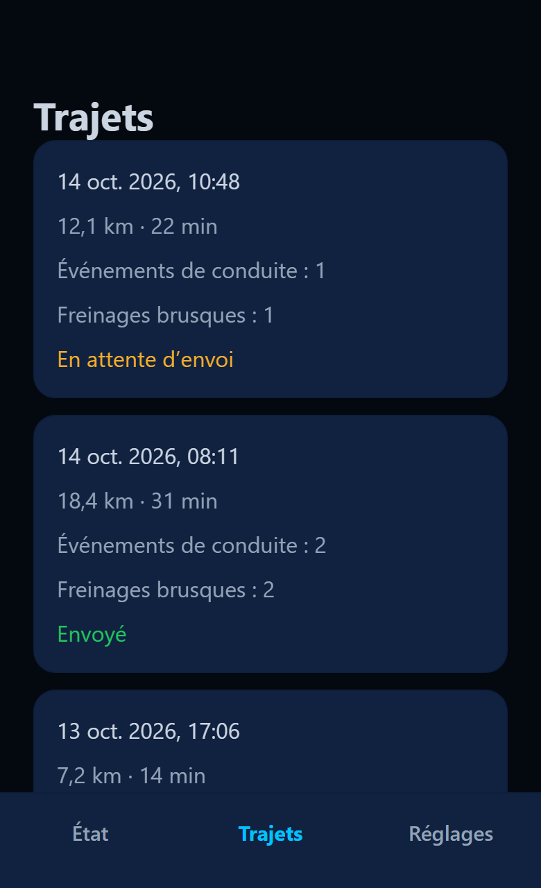 Écran Trajets de l'application, le dernier trajet est marqué En attente d'envoi.