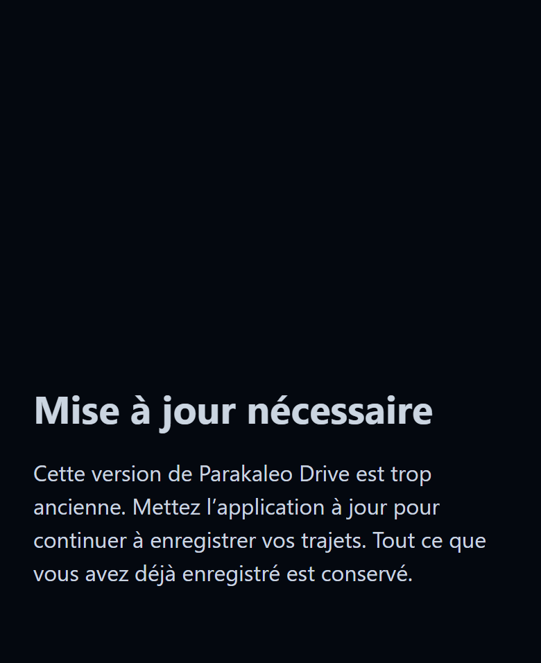 Écran de l'application demandant une mise à jour.